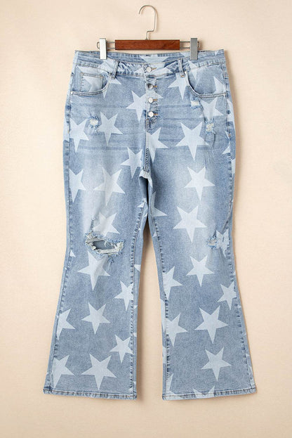 Sky Blue Star Printed Multi Buttons Slit Knee Destroyed Plus Size Jeans - IntuitiveEncBoutique