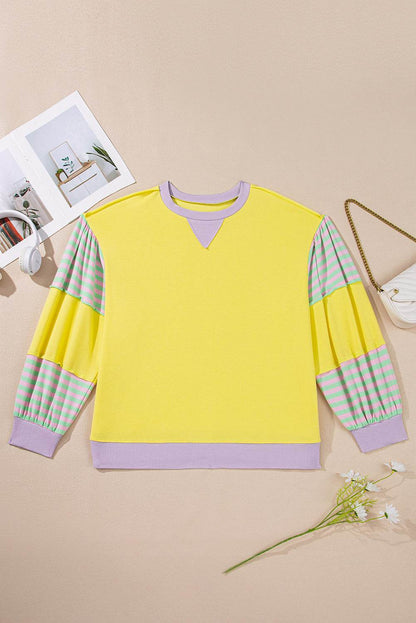 Yellow Striped Color Block Patchwork Crewneck Plus Size Pullover Sweatshirt - IntuitiveEncBoutique