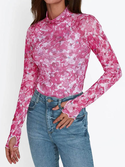 Floral Mock Neck Long Sleeve T-Shirt - IntuitiveEncBoutique