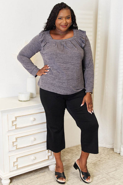Double Take Square Neck Ruffle Shoulder Long Sleeve T-Shirt - IntuitiveEncBoutique