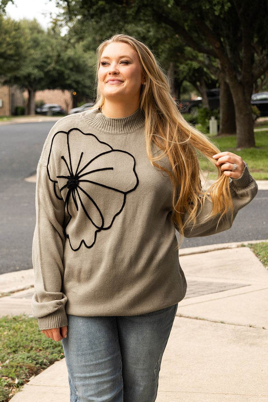 Dark Khaki Plus Size Big Flower Pattern High Neck Drop Shoulder Sweater - IntuitiveEncBoutique