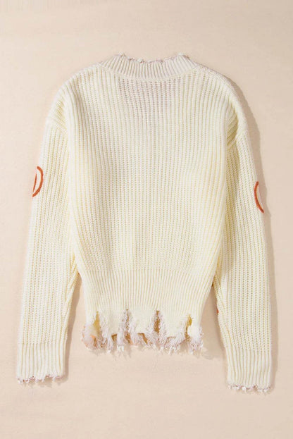 Raw Hem Pumpkin V-Neck Long Sleeve Sweater - IntuitiveEncBoutique