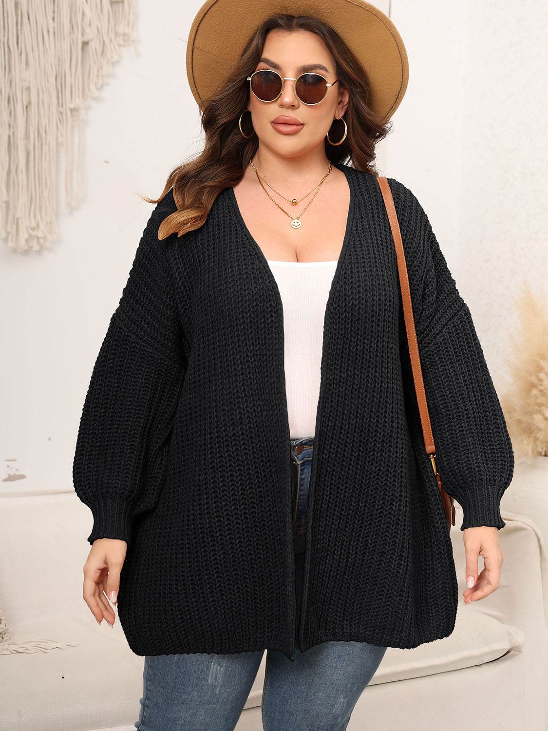 Plus Size Open Front Dropped Shoulder Knit Cardigan - IntuitiveEncBoutique