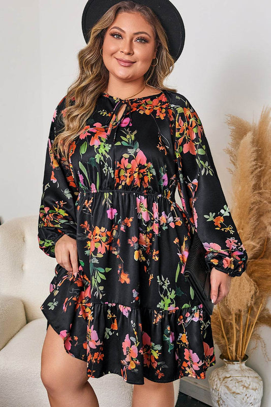 Black Plus Size Floral Print Tie Neck Cinched Waist Long Sleeve Mini Dress - IntuitiveEncBoutique