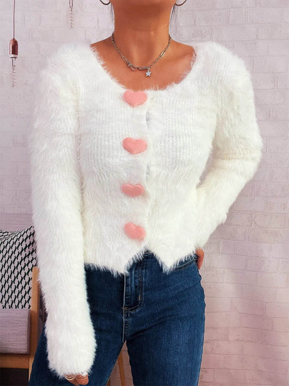 Fuzzy Heart Shape Button-Up Cardigan - IntuitiveEncBoutique