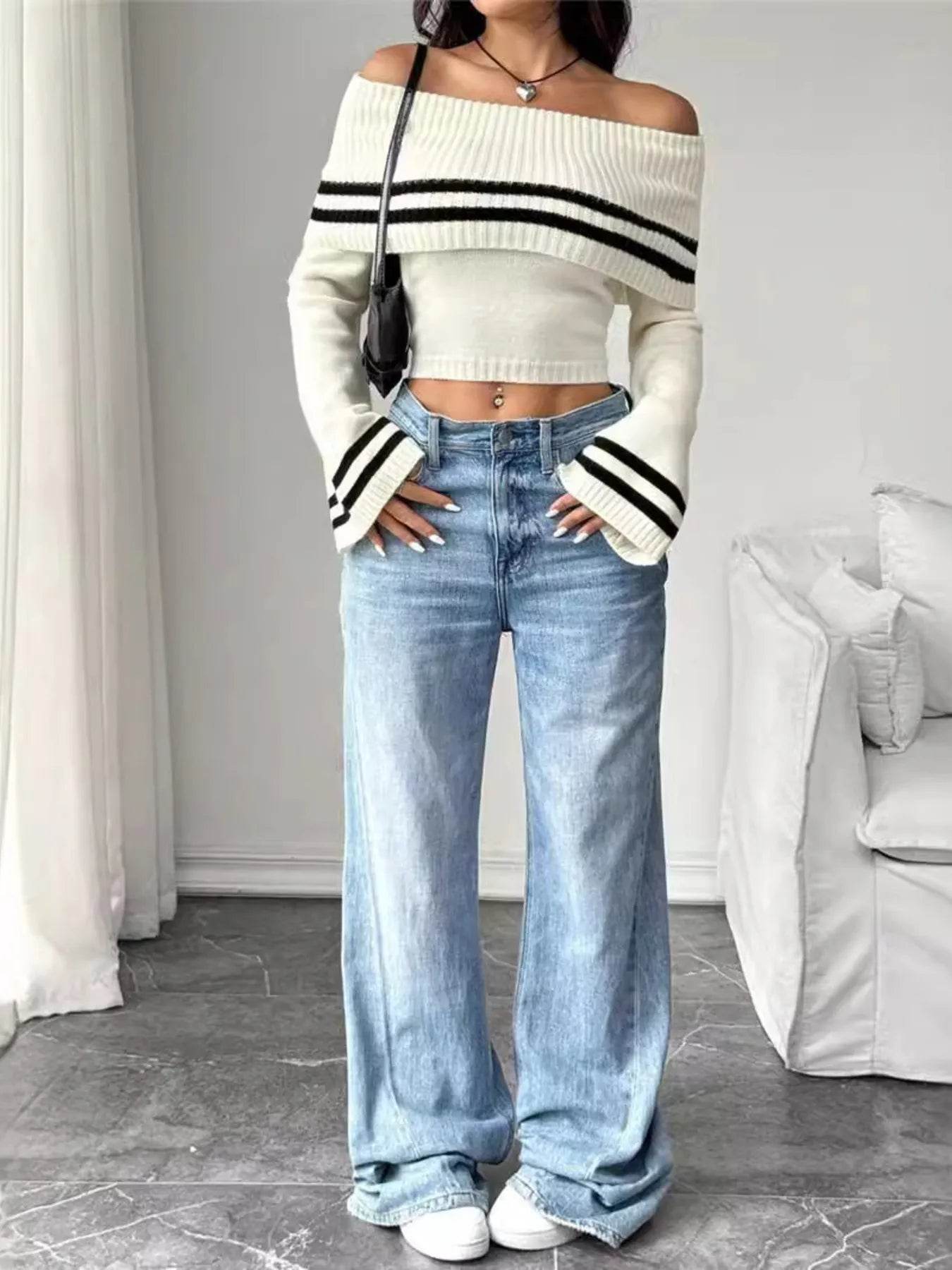 Ribbed Off-Shoulder Striped Knit Top - IntuitiveEncBoutique