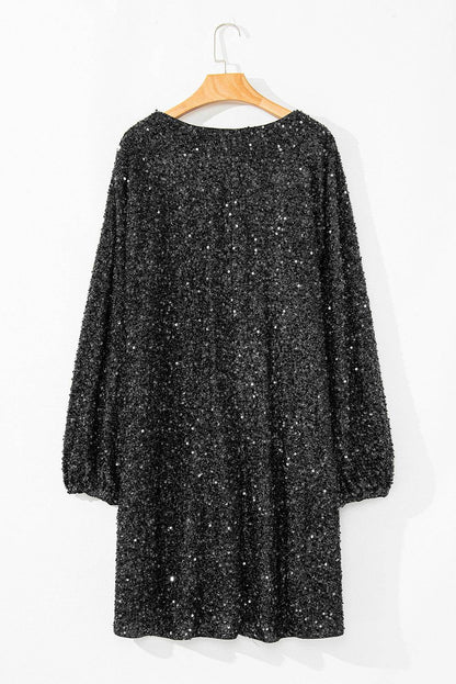Color black Plus Size Bubble Sleeve V Neck Sequin Dress - IntuitiveEncBoutique