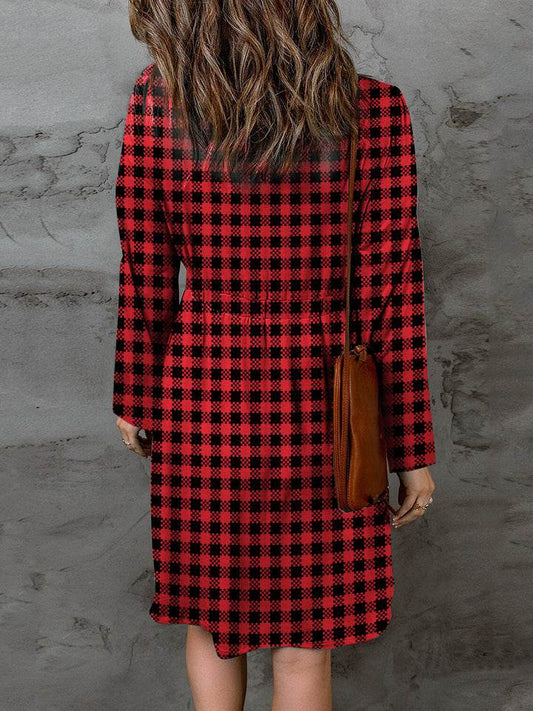Double Take Full Size Plaid Round Neck Long Sleeve Magic Dress - IntuitiveEncBoutique