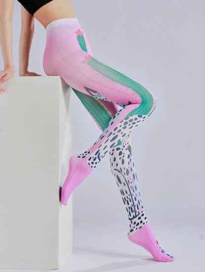 Cactus printed pantyhose with leopard print pattern as the sole personalized and fashionable pantyhose - IntuitiveEncBoutique