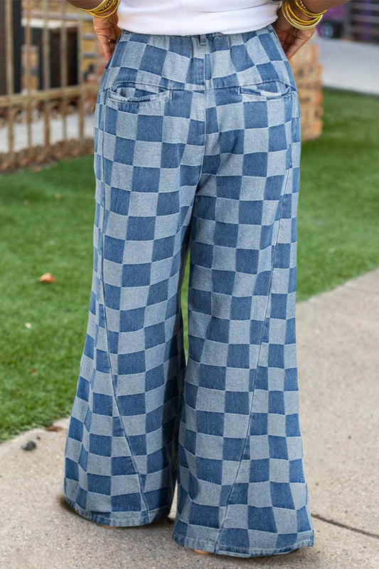 Dusk Blue Plus Size Checkered Seamed High Waist Wide Leg Jeans - IntuitiveEncBoutique