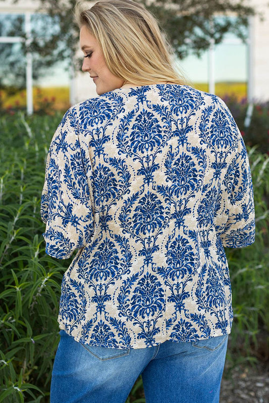 Blue Plus Size Ethnic Printed 3/4 Sleeve V Neck Loose Blouse - IntuitiveEncBoutique