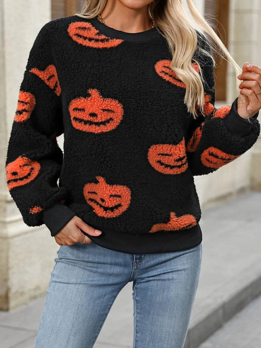 Fuzzy Pumpkin Round Neck Dropped Shoulder Sweater - IntuitiveEncBoutique