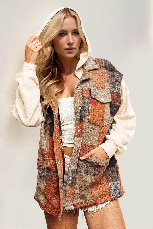 Double Take Contrast Long Sleeve Hooded Plaid Jacket - IntuitiveEncBoutique