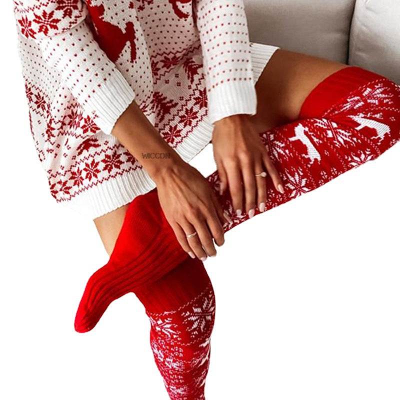 Christmas elk snowflake knitted woolen stockings for women long over knee pile socks stockings - IntuitiveEncBoutique