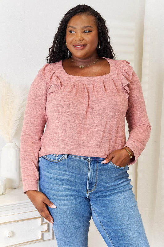 Double Take Square Neck Ruffle Shoulder Long Sleeve T-Shirt - IntuitiveEncBoutique