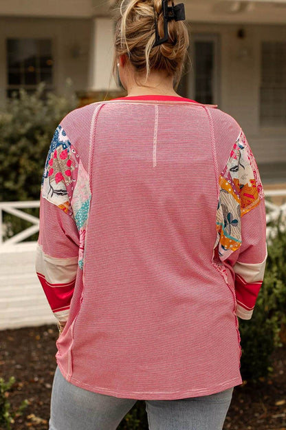 Plus Size Exposed Seam Printed Striped Round Neck Sweatshirt - IntuitiveEncBoutique