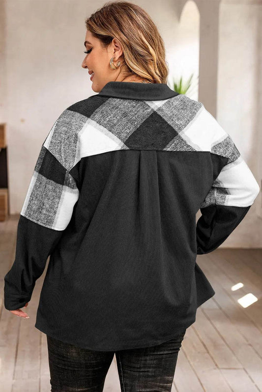 Plus Size Plaid Snap Down Jacket with Pockets - IntuitiveEncBoutique