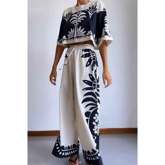 Casual Short Sleeve Set INS Loose Vacation Elastic Waist Women's Two-Piece Suit - IntuitiveEncBoutique