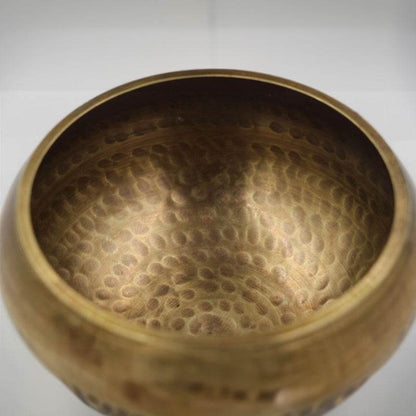 Tibetan brass singing bowl with Sanskrit – handmade meditation instrument for stress relief. - IntuitiveEncBoutique