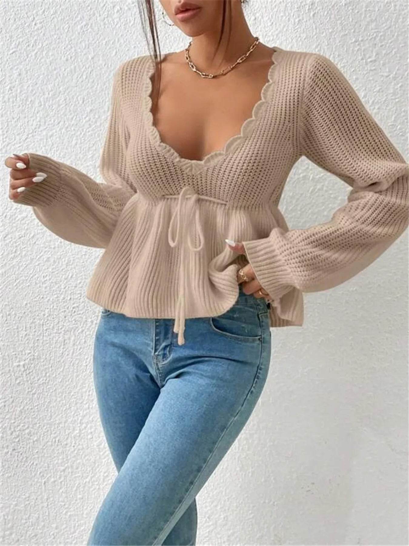Scalloped V-Neck Drawstring Knit Top - IntuitiveEncBoutique