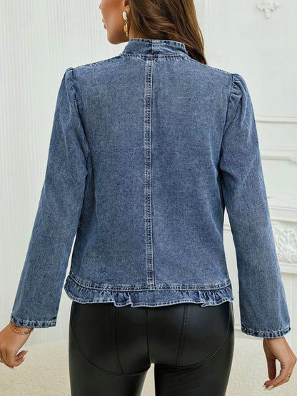 Ruffle Trim Cropped Denim Jacket - IntuitiveEncBoutique