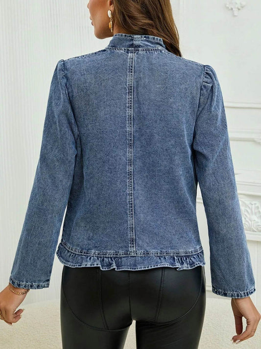 Ruffle Trim Cropped Denim Jacket - IntuitiveEncBoutique