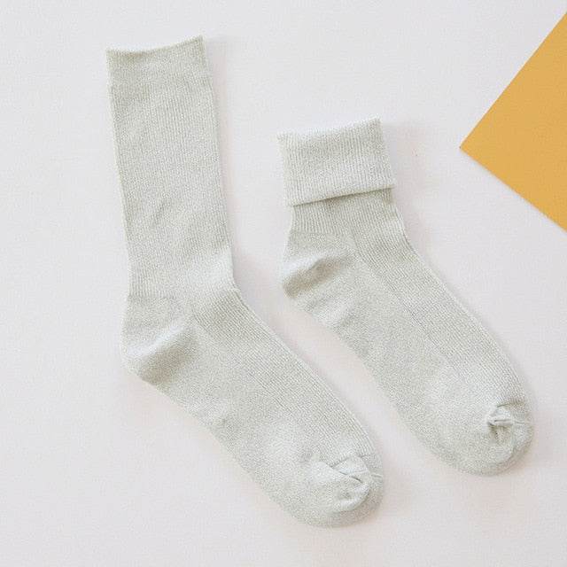 Winter Cotton Solid Shiny Woman Simple Socks Fashion Art Fold Female Student Thick Warm Socks Shiny Metallic Line Sock - IntuitiveEncBoutique