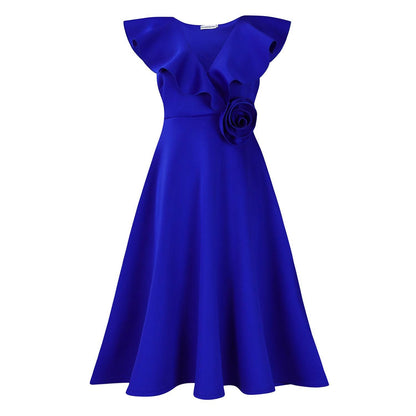 V-neck Ruffled Hem 3D Flower Skirt Evening Dress Banquet Dress - IntuitiveEncBoutique