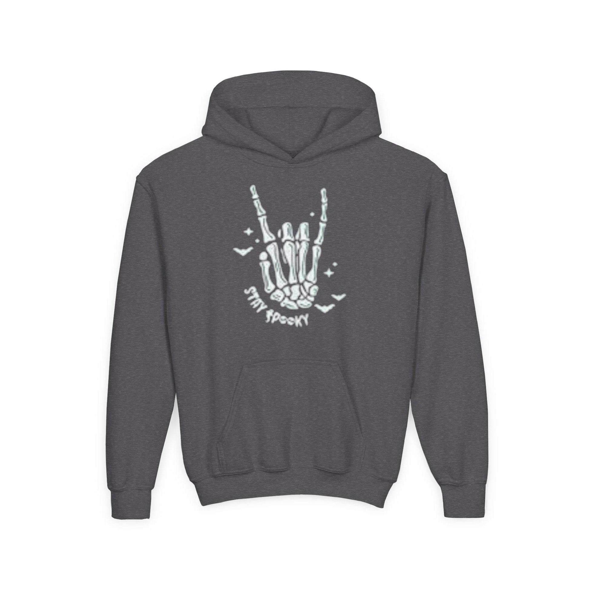Youth Ghostly Rocker Hoodie - Stay Spooky Sweatshirt, Halloween Apparel, Youth Fashion, Skeleton Design, Cozy Gift - IntuitiveEncBoutique