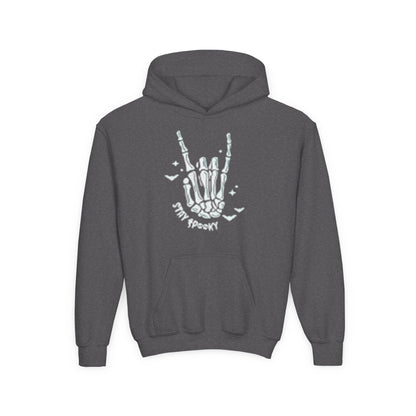 Youth Ghostly Rocker Hoodie - Stay Spooky Sweatshirt, Halloween Apparel, Youth Fashion, Skeleton Design, Cozy Gift - IntuitiveEncBoutique
