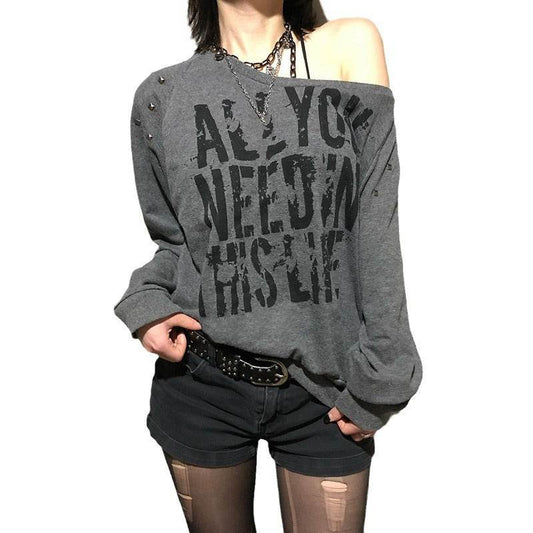 Punk Rivet Letter Print Oblique Collar Sweatshirt Spicy Girl Street Sexy Loose All-Match Off-Shoulder Long Sleeve - IntuitiveEncBoutique