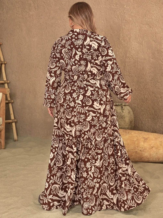 Plus Size Notched Balloon Sleeve Printed Maxi Dress - IntuitiveEncBoutique