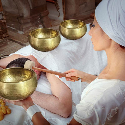 Tibetan brass singing bowl with Sanskrit – handmade meditation instrument for stress relief. - IntuitiveEncBoutique