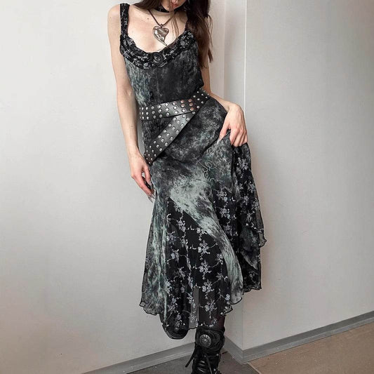 Gothic Vintage Tie-Dye Floral Ruffle Irregular Hem Dress with Sexy Lace Mesh Sleeveless Long Skirt - IntuitiveEncBoutique