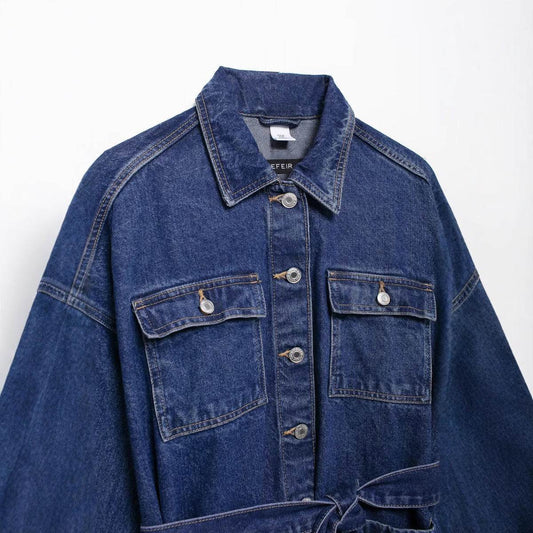 Women's Fashion Casual Retro Versatile Belted Waist Turn-down Collar Denim Jacket - IntuitiveEncBoutique