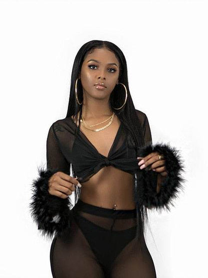 Mesh High Waist Pants and Long Sleeve Crop Top Sets Party Clubwear Sexy Faux Fur Outfit Two Piece Sets - IntuitiveEncBoutique