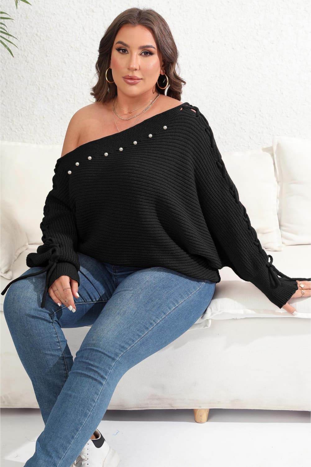 Plus Size One Shoulder Beaded Sweater - IntuitiveEncBoutique