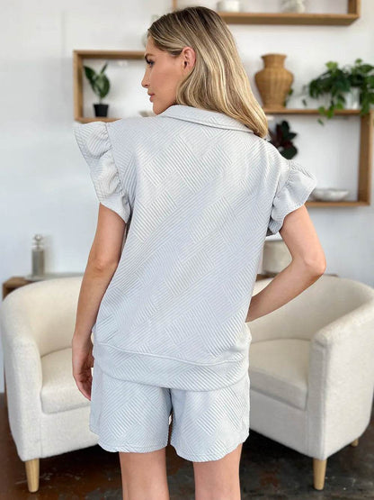 Double Take Full Size Texture Flounce Sleeve Top and Drawstring Shorts Set - IntuitiveEncBoutique
