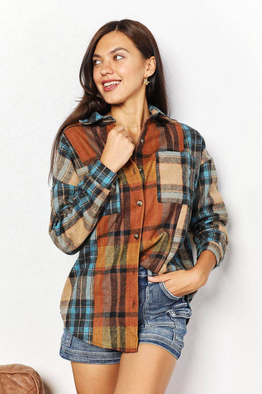 Double Take Plaid Curved Hem Shirt Jacket with Breast Pockets - IntuitiveEncBoutique