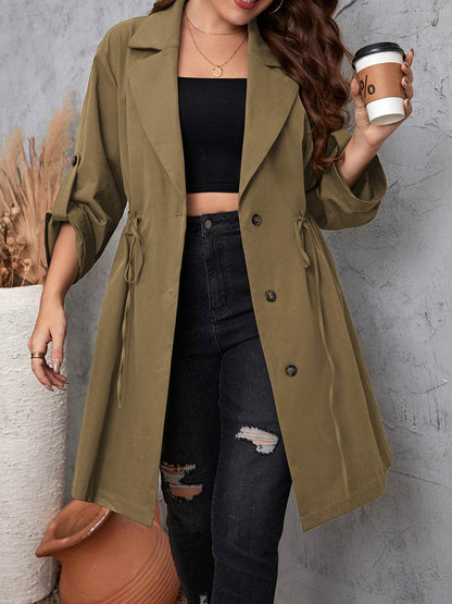 Honey Plus Size Lapel Collar Drawstring Roll-Tab Sleeve Trench Coat - IntuitiveEncBoutique