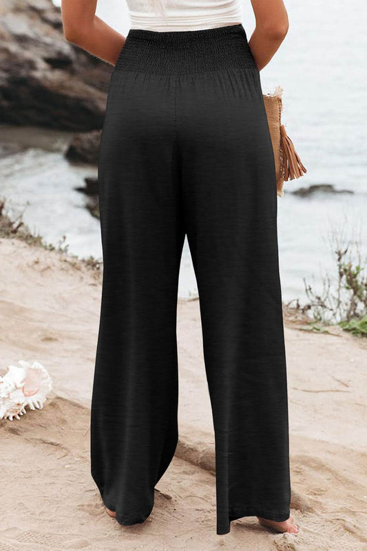 Black Shirred High Waist Plus Size Wide Leg Pants - IntuitiveEncBoutique