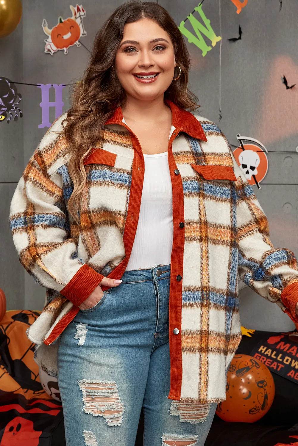 Plus Size Plaid Button Down Jacket - IntuitiveEncBoutique