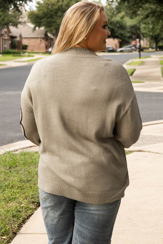 Dark Khaki Plus Size Big Flower Pattern High Neck Drop Shoulder Sweater - IntuitiveEncBoutique