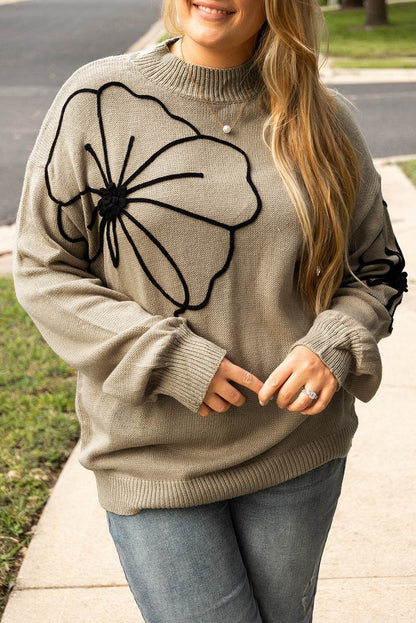 Dark Khaki Plus Size Big Flower Pattern High Neck Drop Shoulder Sweater - IntuitiveEncBoutique