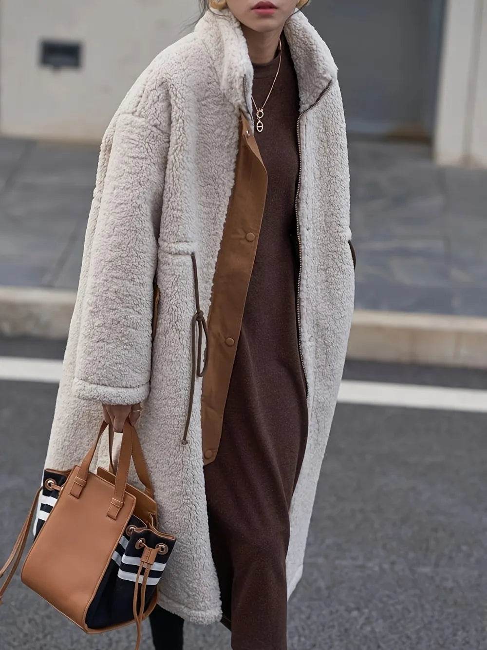 Plus Size Drawstring Zip Up Turtleneck Sherpa Coat - IntuitiveEncBoutique