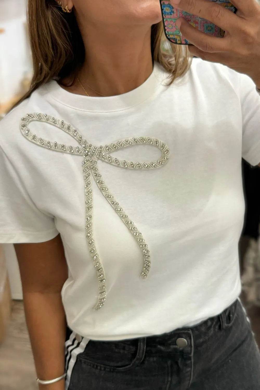 Rhinestone Bow Round Neck Short Sleeve T-Shirt - IntuitiveEncBoutique