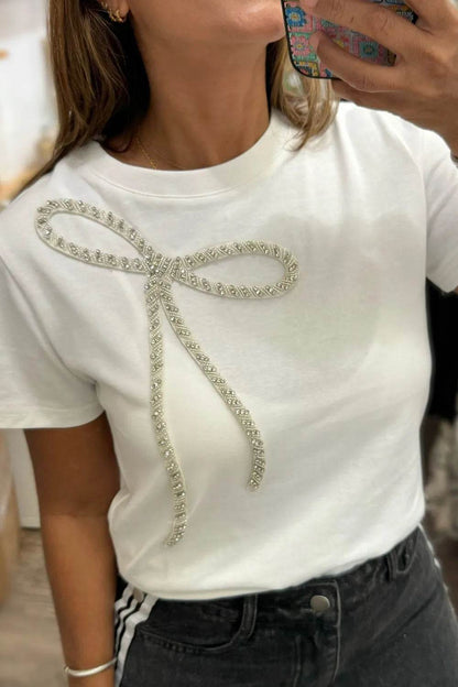 Rhinestone Bow Round Neck Short Sleeve T-Shirt - IntuitiveEncBoutique