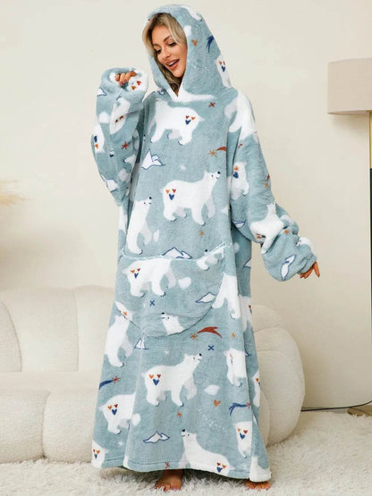 Fuzzy Pocketed Long Sleeve Hooded Lounge Dress - IntuitiveEncBoutique