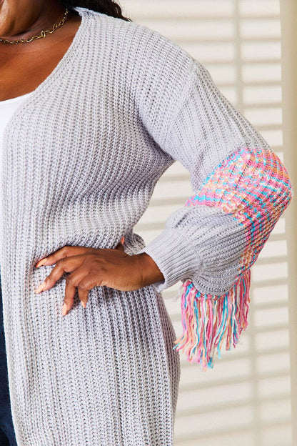 Woven Right Fringe Sleeve Dropped Shoulder Cardigan - IntuitiveEncBoutique