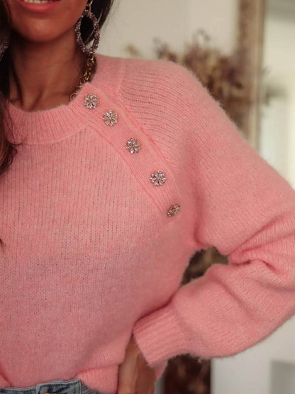 Button Detail Ribbed Hem Sweater - IntuitiveEncBoutique